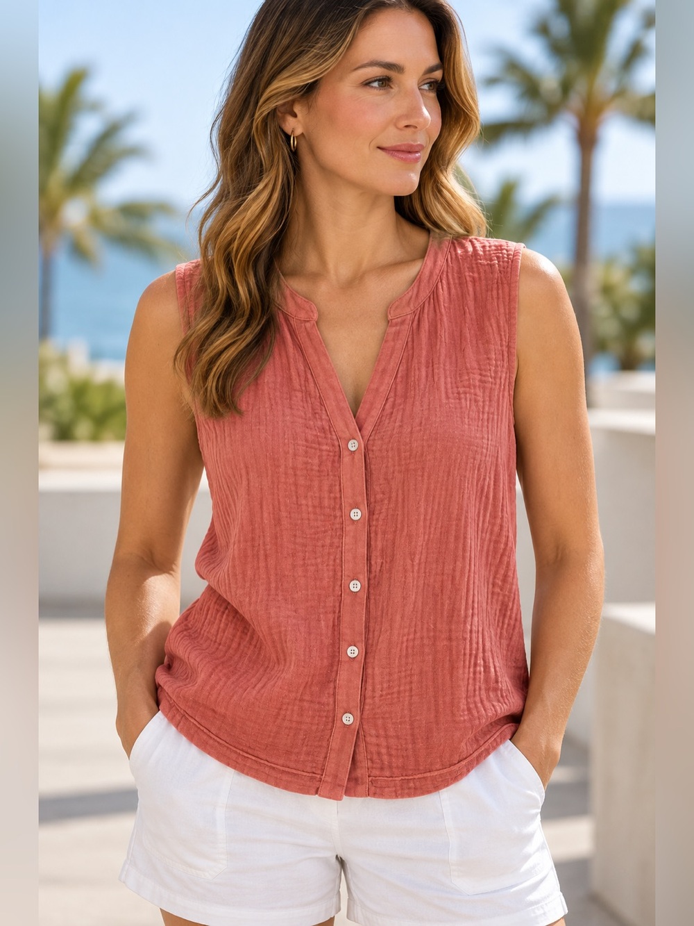 Splendid Sleeveless Button-Front Top in Dusty Coral large